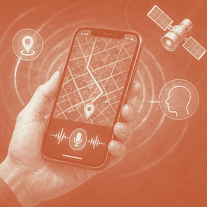 GPS, dokunmatik ekran ve ses tanıma düşüncesini hatırlatan simgesel bölüm resmi.