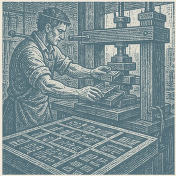 Gutenberg'in tekrar edilebilir satırı fikrini somutlaştıran simgesel sahne.
