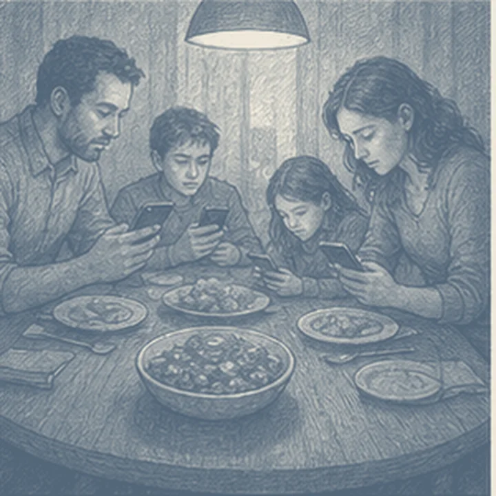 Aile masasında boş sandalyeye oturmuş parlak telefon, görünmez üçüncü kişiyi gösterir.