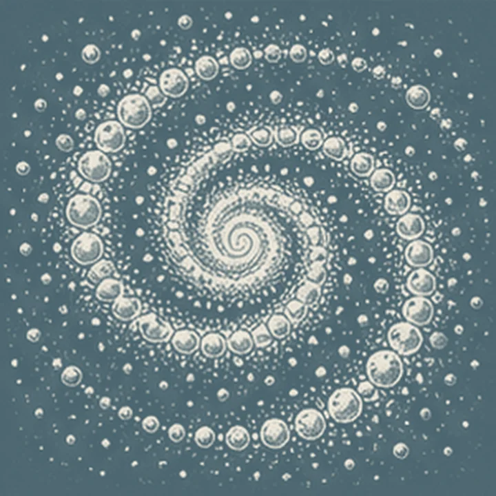 Basit noktalardan yükselen karmaşık spiral, çok parçanın etkileşiminden yeni düzenin belirmesini anlatır.