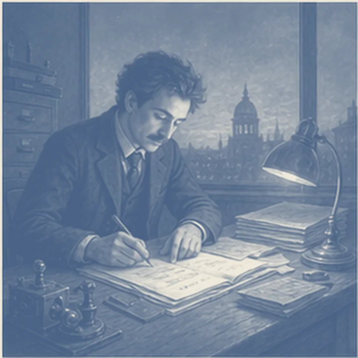 1905 Bern: Genç Patent Memuru fikrini tek bakışta hatırlatan simgesel sahne.