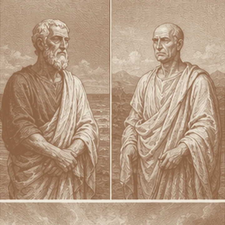 Demosthenes ve Cicero: sözün cesareti fikrini somutlaştıran simgesel sahne.