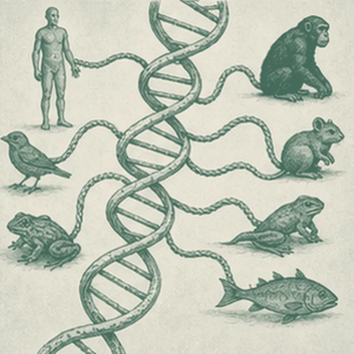 İki DNA tomarındaki aynı eski yazım hatası, ortak atadan kalan sessiz akrabalığı simgeler.