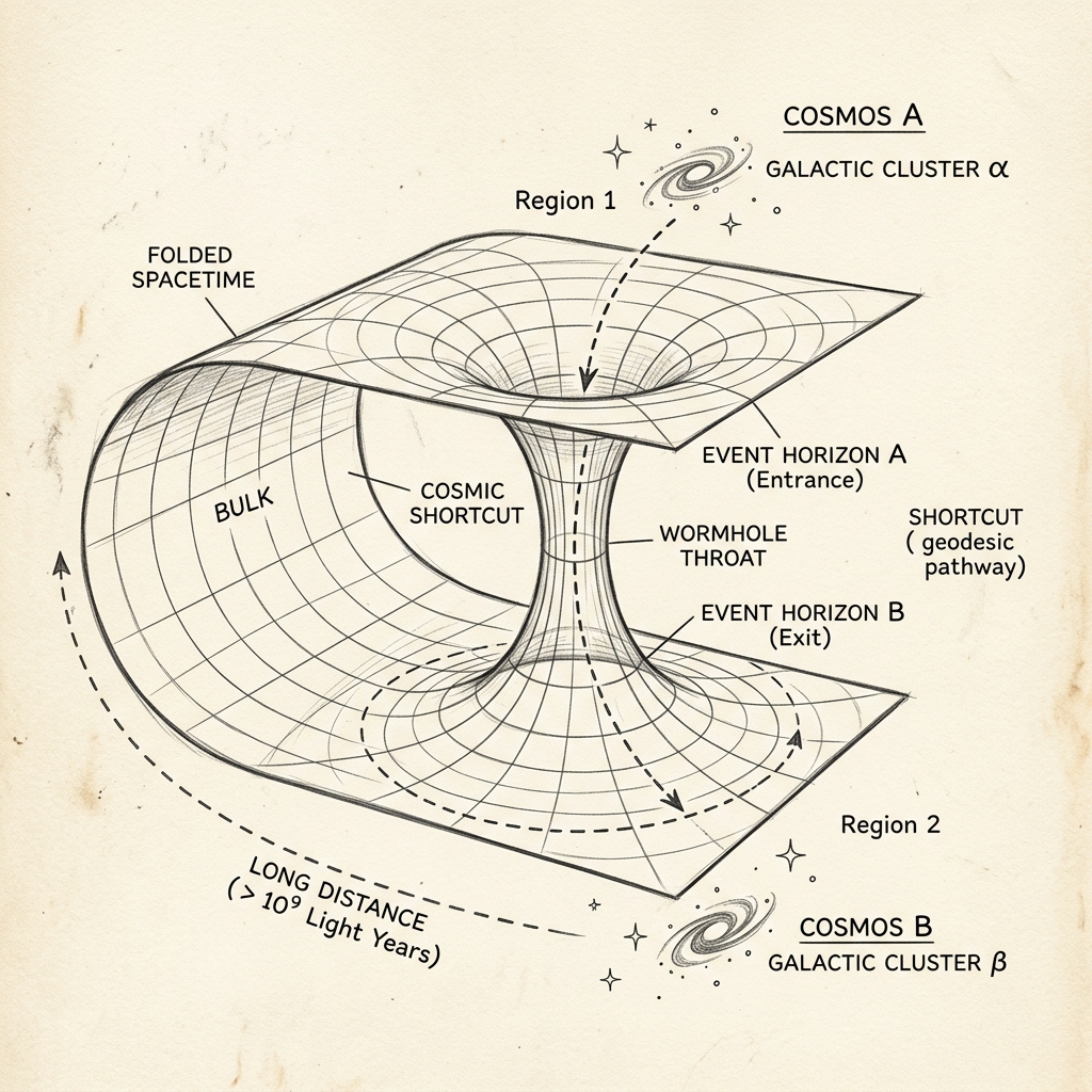 Folded Spacetime ve Solucan Deliği (Cosmic Shortcut) Şeması
